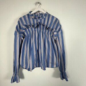 Maison Cinqcent Womens Blue White Striped Mock Neck Ruffle Poplin Blouse Large
